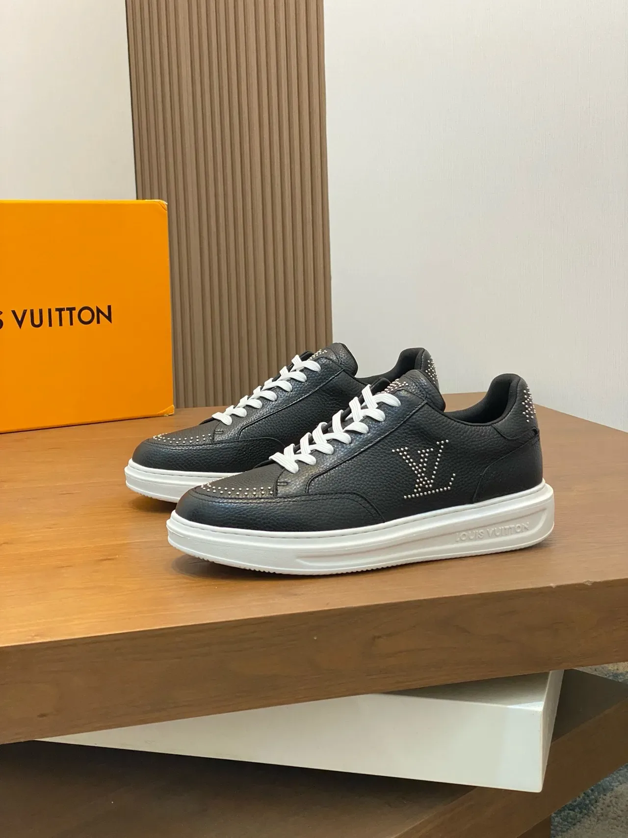 Louis Vuitton LV Trainer Black White Pebbled Leather Studded Monogram Lifestyle Sneakers 4