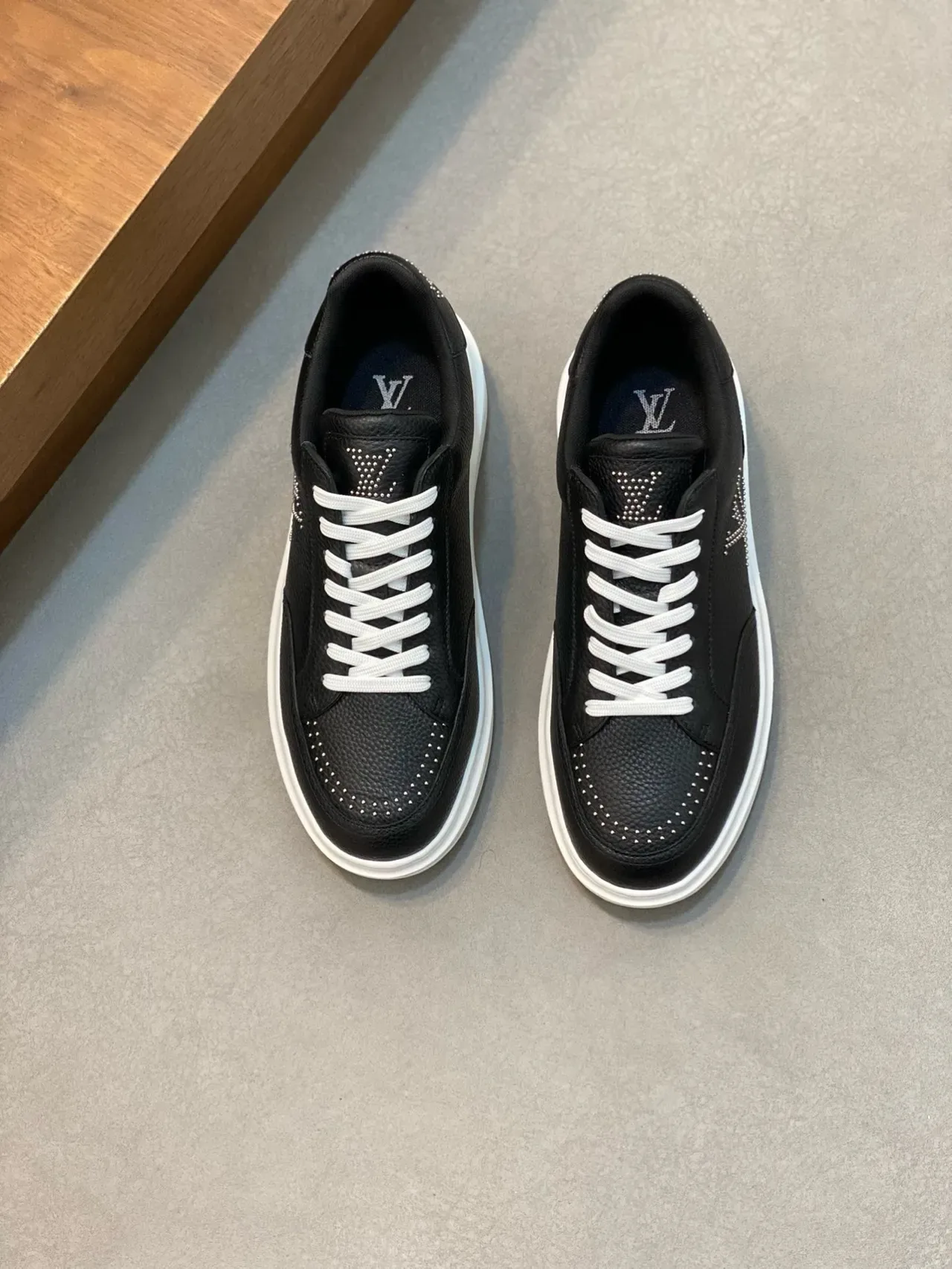 Louis Vuitton LV Trainer Black White Pebbled Leather Studded Monogram Lifestyle Sneakers 5