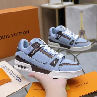 Louis Vuitton LV Trainer Azul Marrom Suede Claro Monogram Couro Tênis Lifestyle