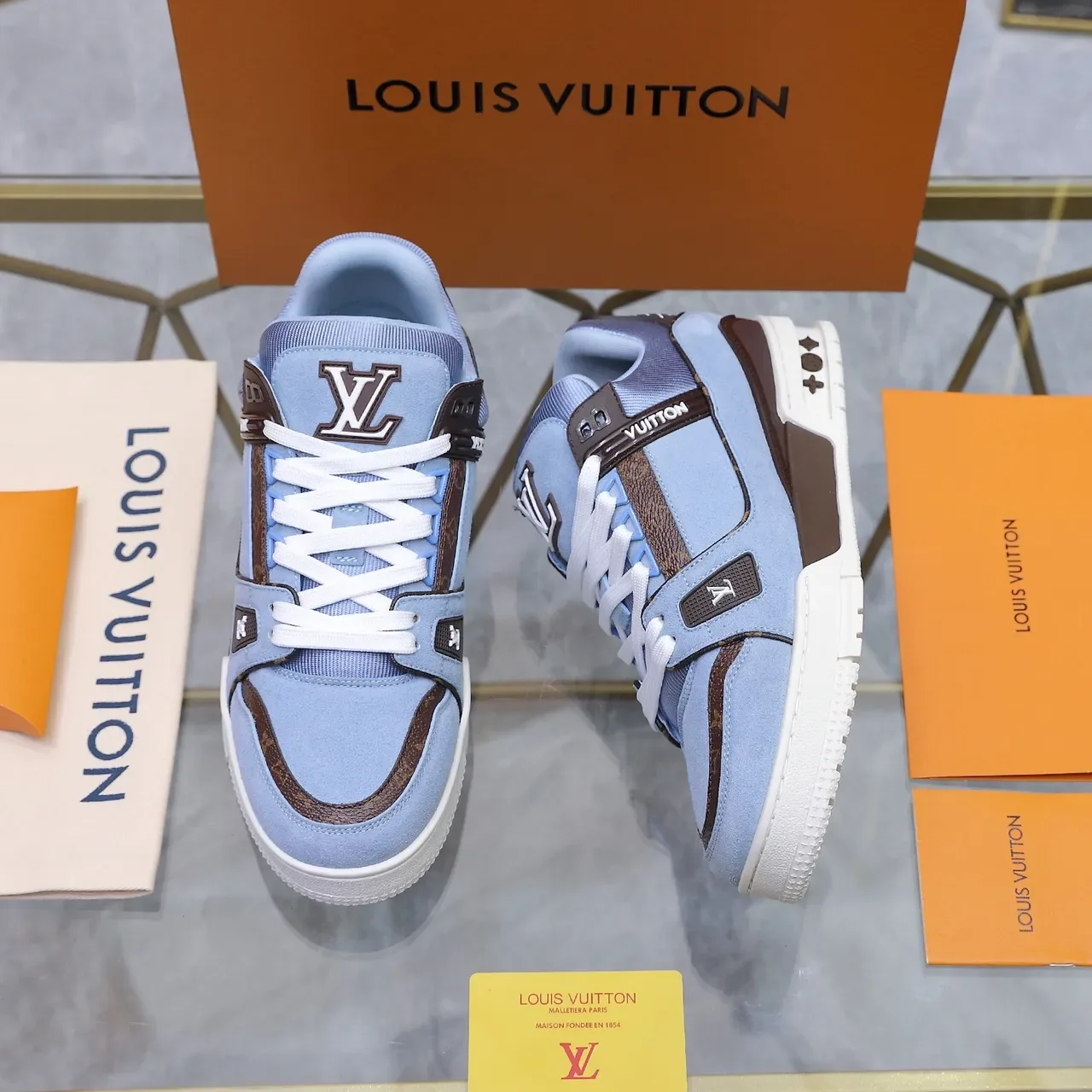 Louis Vuitton LV Trainer Blue Brown Light Suede Monogram Leather Lifestyle Sneakers 2