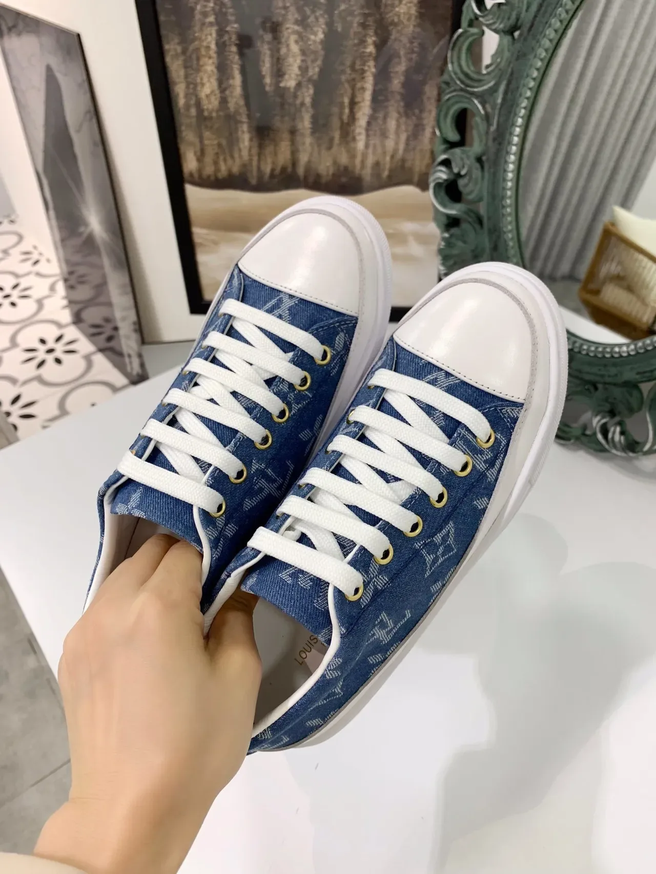 Louis Vuitton LV Trainer Denim Monogram White Platform Lifestyle Sneakers 2