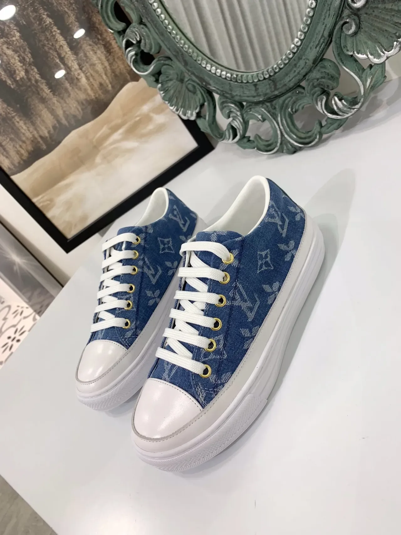 Louis Vuitton LV Trainer Denim Monogram White Platform Lifestyle Sneakers 3