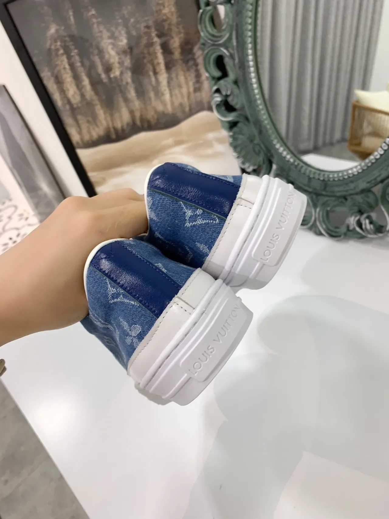 Louis Vuitton LV Trainer Denim Monogram White Platform Lifestyle Sneakers 4