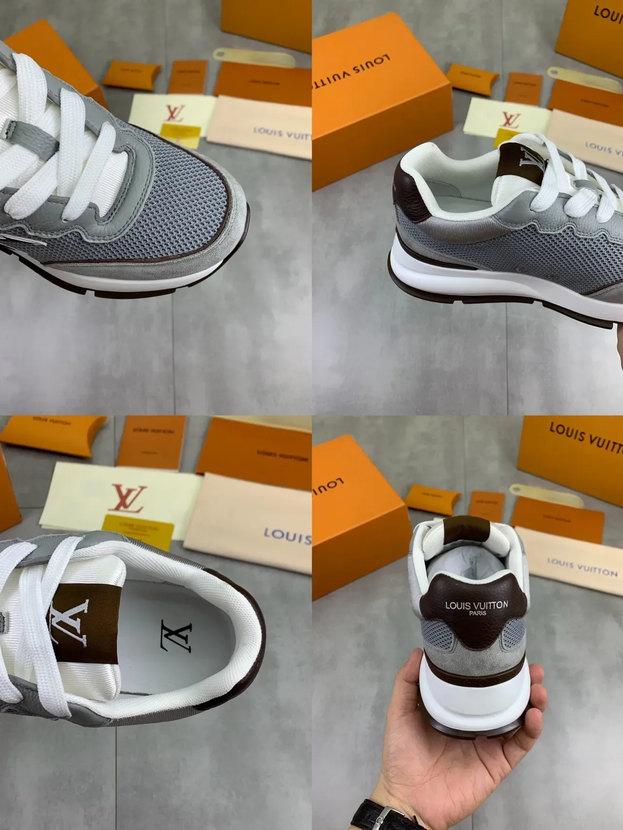 Louis Vuitton LV Trainer Cinza Marrom Mesh e Suede Superior Painel Lateral Monograma Ondulado Lifestyle Sneakers 3