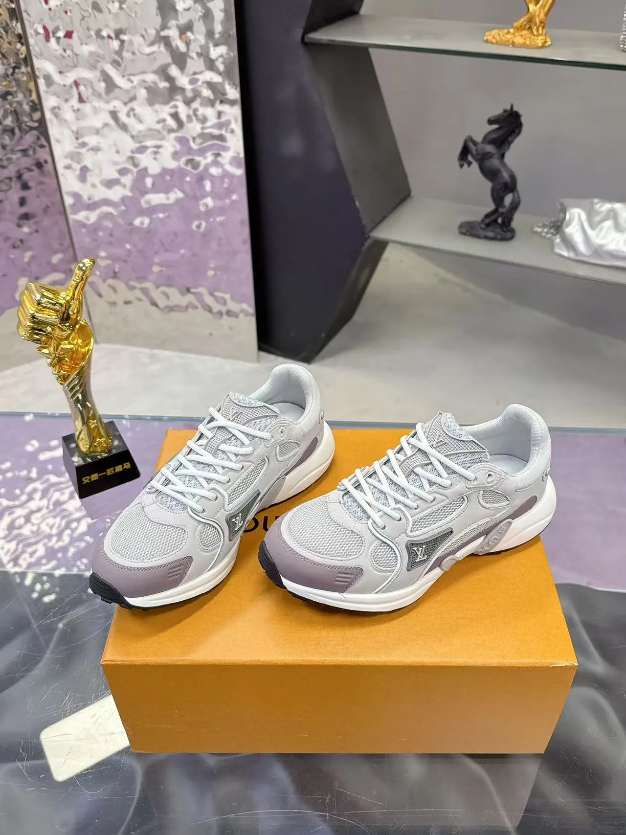 Louis Vuitton LV Trainer Gray Purple Layered Mesh And Synthetic Overlays Sculpted White Midsole Lifestyle Sneakers 6