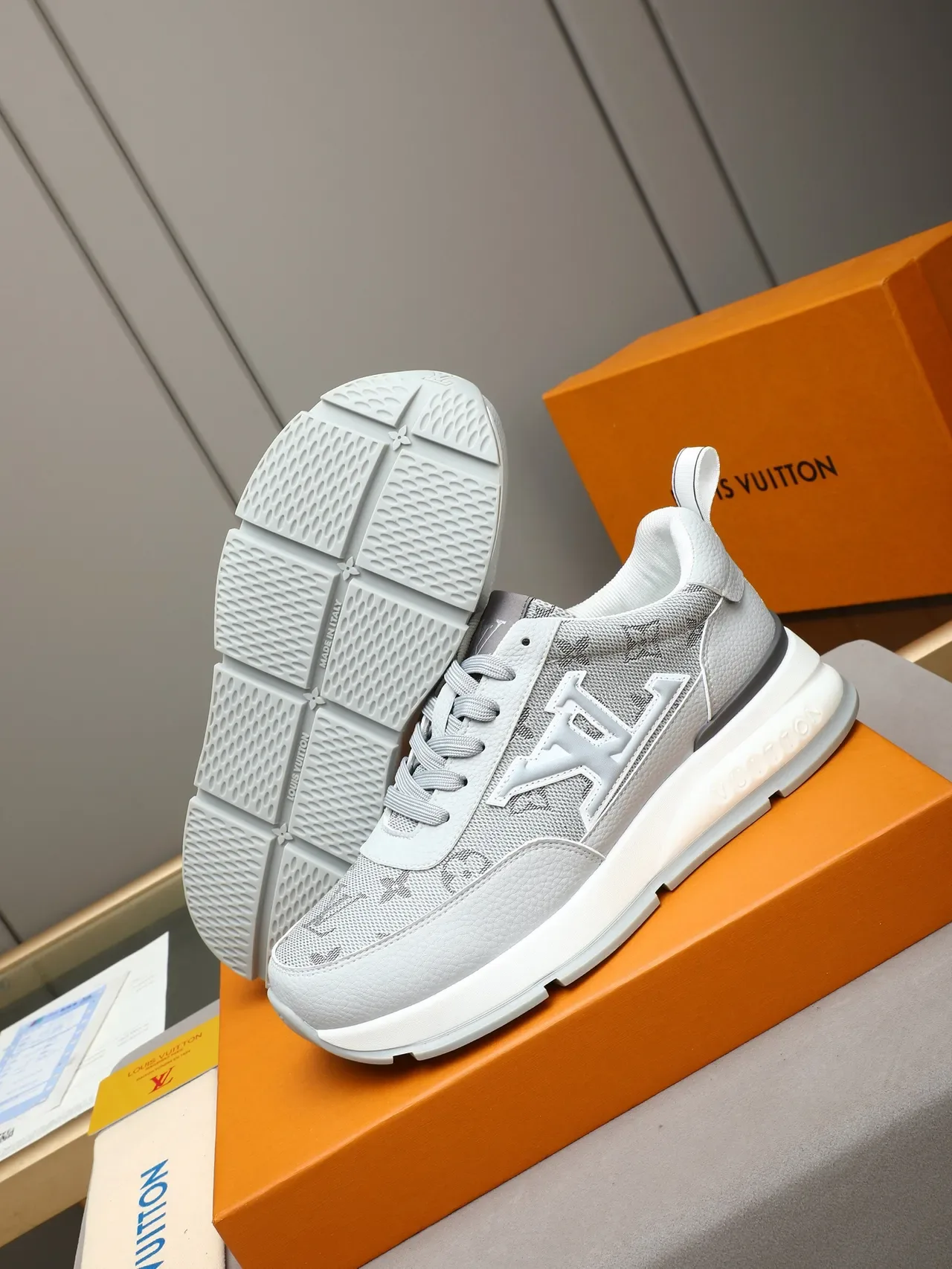 Louis Vuitton LV Trainer Gray White Chunky Platform Sole Monogrammed Mesh Upper Lifestyle Sneakers 4