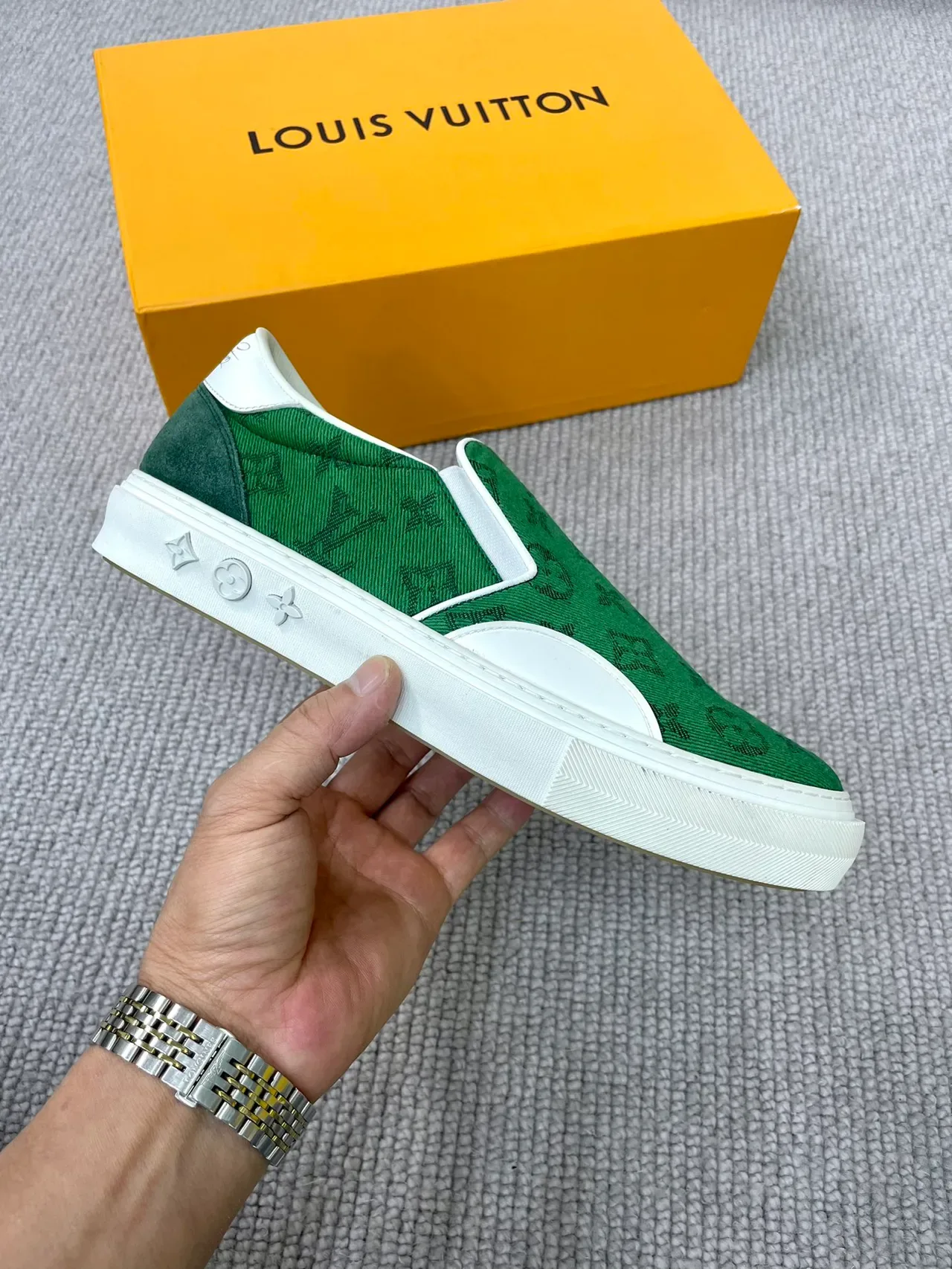 Louis Vuitton LV Trainer Green White Slip-On Monogram Canvas Lifestyle Sneakers 4