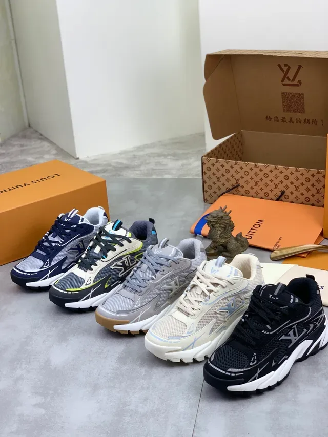 لويس فيتون LV Trainer حذاء رياضي Navy Gray مع كعب شبكي وطبقة صناعية سميكة 2