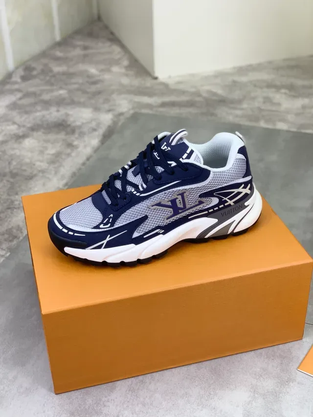 لويس فيتون LV Trainer حذاء رياضي Navy Gray مع كعب شبكي وطبقة صناعية سميكة 5