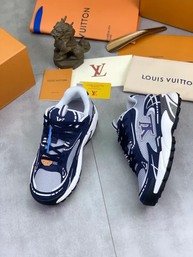 لويس فيتون LV Trainer حذاء رياضي Navy Gray مع كعب شبكي وطبقة صناعية سميكة 6