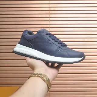 Louis Vuitton LV Trainer Navy White Perforated Leather Upper Layered Construction Lifestyle Sneakers