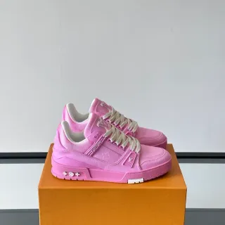 Louis Vuitton LV Trainer Pink White Structured Strap Detail Monogrammed Side Plaque Lifestyle Sneakers