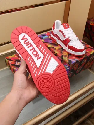 Louis Vuitton LV Trainer Red White Monogram-Printed Leather Layered Geometric Overlays Lifestyle Sneakers 2