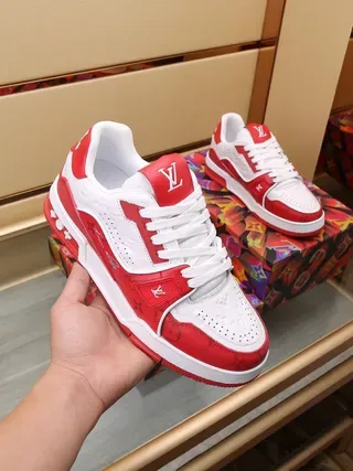 Louis Vuitton LV Trainer Red White Monogram-Printed Leather Layered Geometric Overlays Lifestyle Sneakers 3