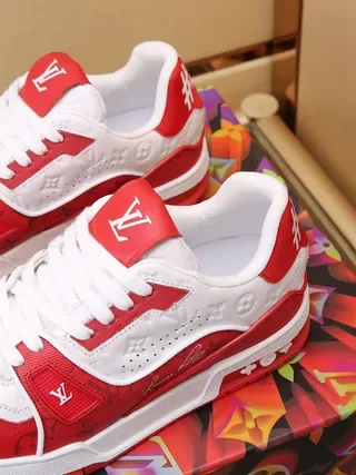 Louis Vuitton LV Trainer Red White Monogram-Printed Leather Layered Geometric Overlays Lifestyle Sneakers 4