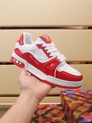 Louis Vuitton LV Trainer Red White Monogram-Printed Leather Layered Geometric Overlays Lifestyle Sneakers 5