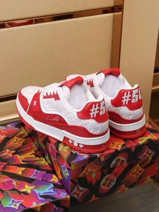 Louis Vuitton LV Trainer Red White Monogram-Printed Leather Layered Geometric Overlays Lifestyle Sneakers 6