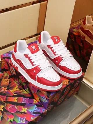 Louis Vuitton LV Trainer Red White Monogram-Printed Leather Layered Geometric Overlays Lifestyle Sneakers 7
