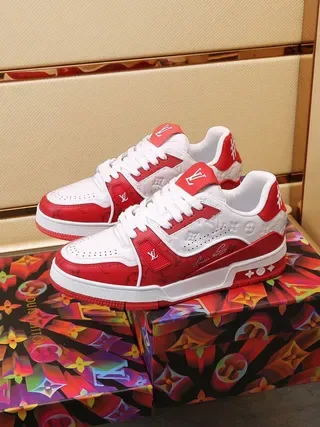 Louis Vuitton LV Trainer Red White Monogram-Printed Leather Layered Geometric Overlays Lifestyle Sneakers 8