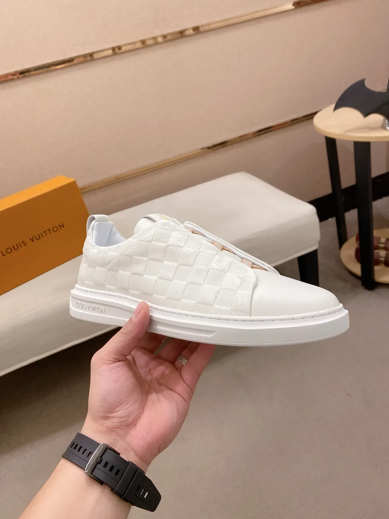 Louis Vuitton LV Trainer White Beige Slip-On Checkerboard-Quilted Leather Lifestyle Sneakers 4