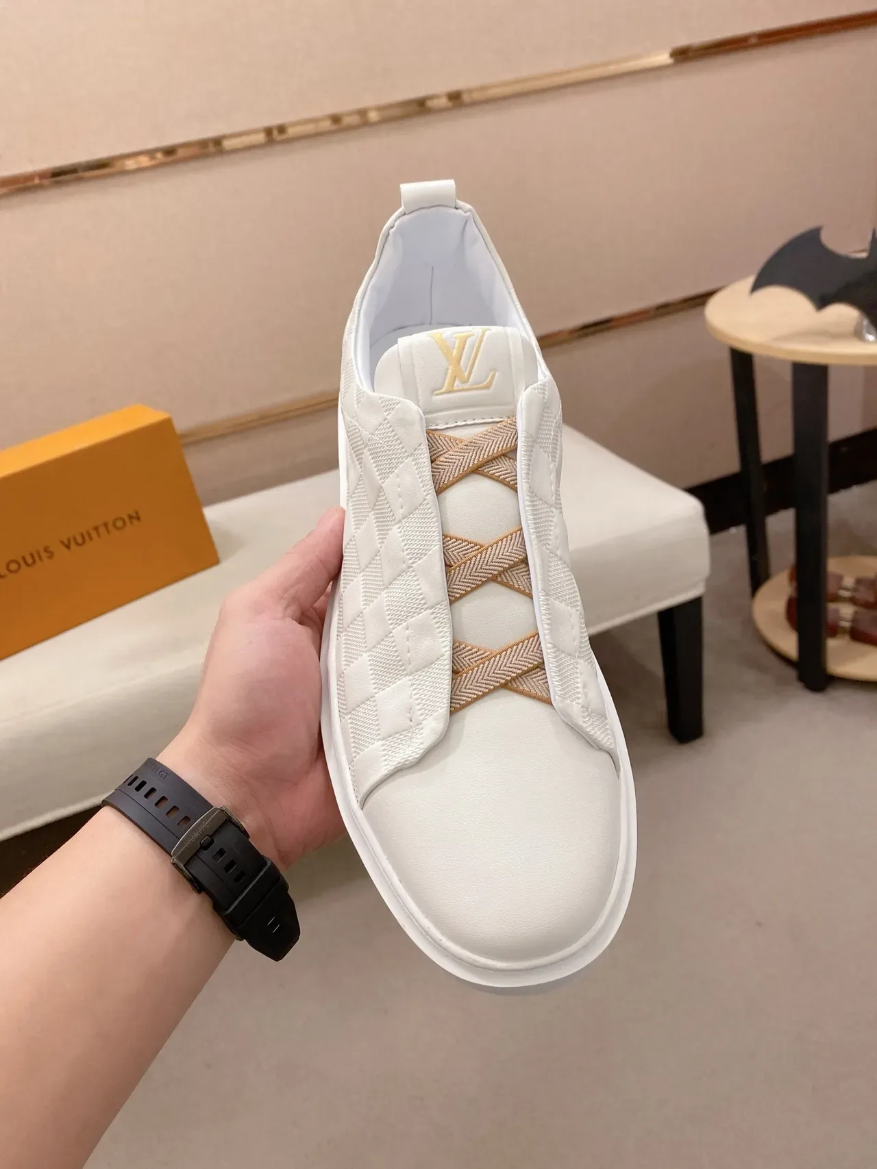 Louis Vuitton LV Trainer White Beige Slip-On Checkerboard-Quilted Leather Lifestyle Sneakers 5