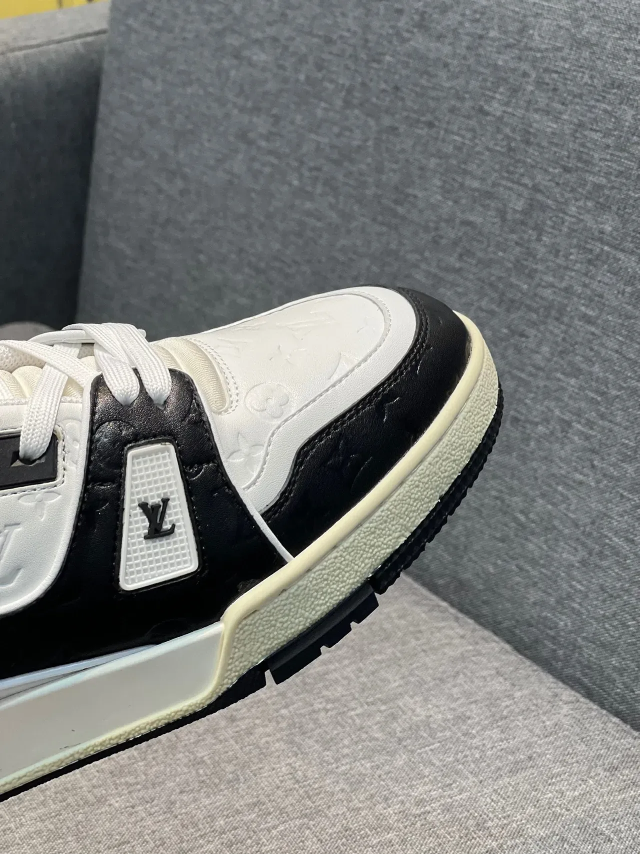 Louis Vuitton LV Trainer White Black Monogram Leather Asymmetric Strap Lifestyle Sneakers 3