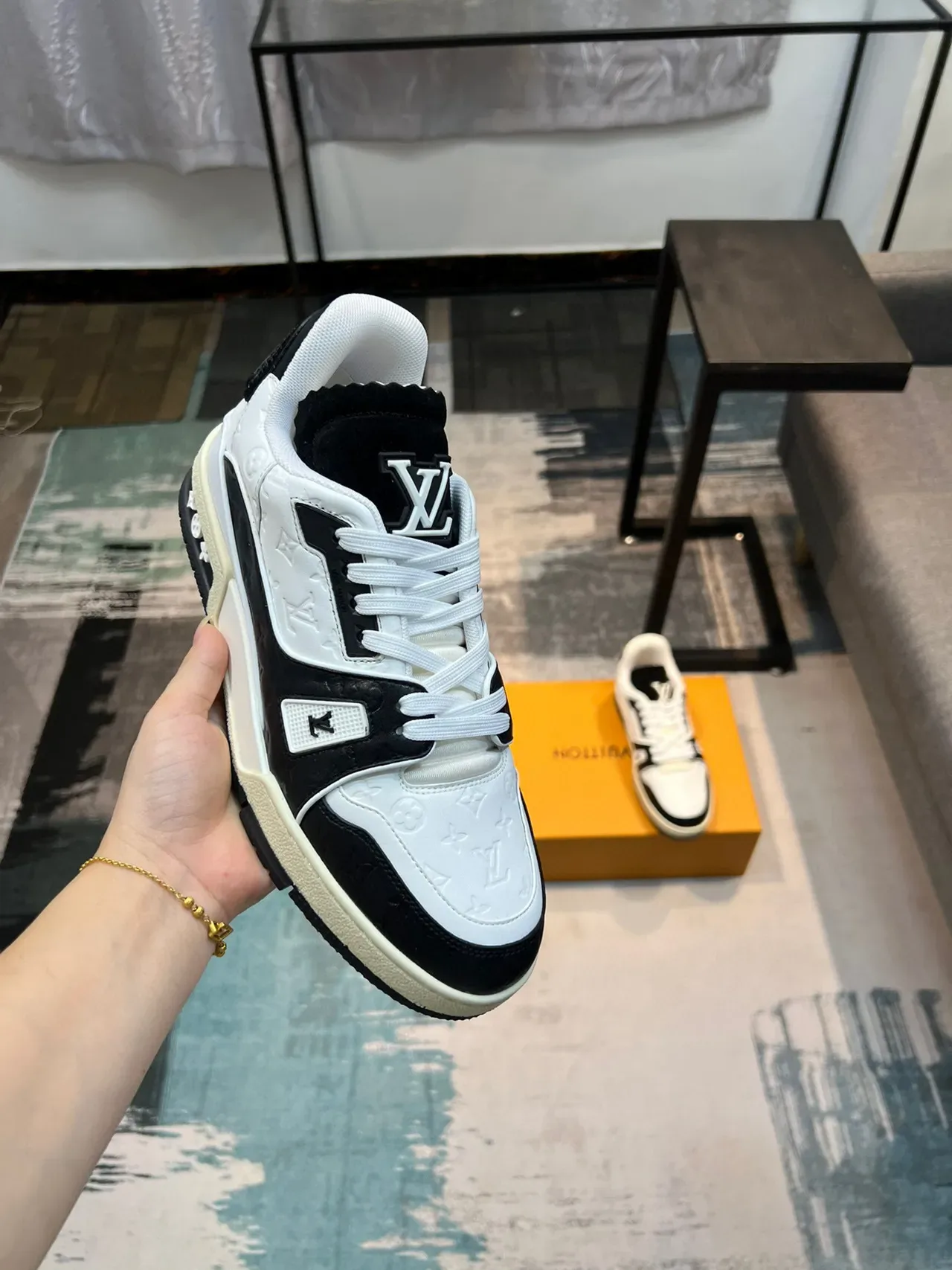 Louis Vuitton LV Trainer White Black Monogram Leather Asymmetric Strap Lifestyle Sneakers 6