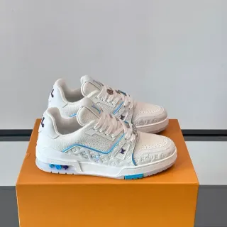 Louis Vuitton LV Trainer White Blue Embossed Monogram Leather Light Piping Accent Lifestyle Sneakers
