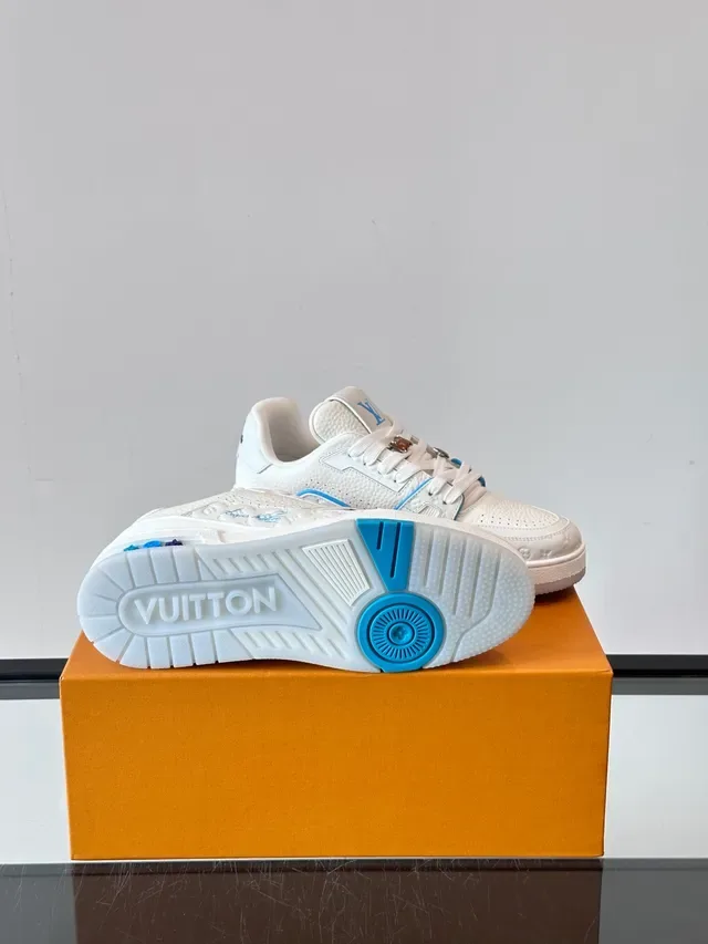 Louis Vuitton LV Trainer White Blue Embossed Monogram Leather Light Piping Accent Lifestyle Sneakers 2