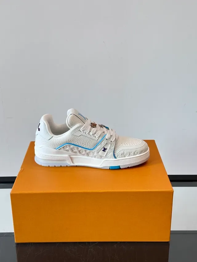 Louis Vuitton LV Trainer White Blue Embossed Monogram Leather Light Piping Accent Lifestyle Sneakers 3