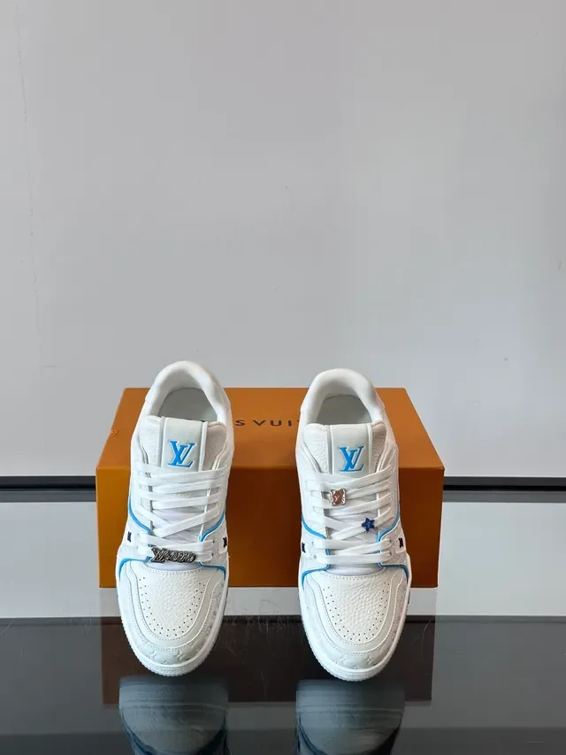 Louis Vuitton LV Trainer White Blue Embossed Monogram Leather Light Piping Accent Lifestyle Sneakers 4