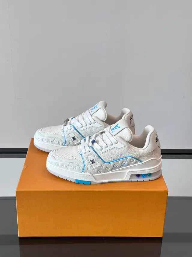 Louis Vuitton LV Trainer White Blue Embossed Monogram Leather Light Piping Accent Lifestyle Sneakers 5
