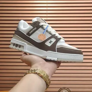 Louis Vuitton LV Trainer Blanco Marrón suela plataforma gruesa capa cuero y textil superior zapatillas lifestyle