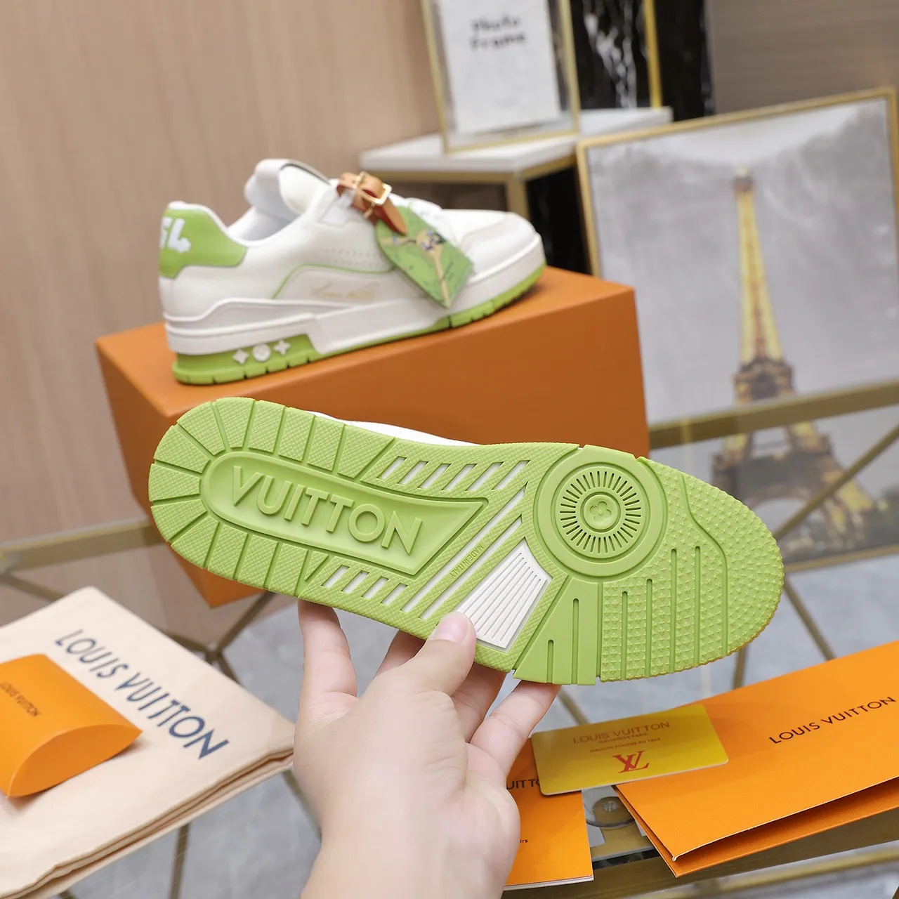 Louis Vuitton LV Trainer White Green Layered Leather And Perforated Panels Lifestyle Sneakers 4