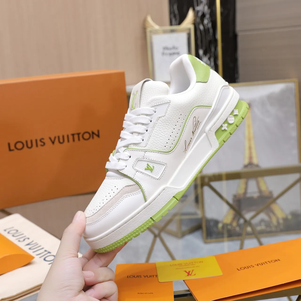 Louis Vuitton LV Trainer White Green Layered Leather And Perforated Panels Lifestyle Sneakers 5
