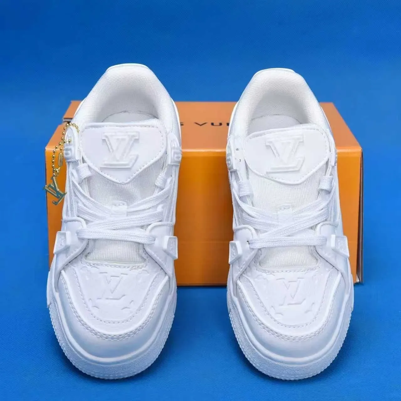 Louis Vuitton LV Trainer White Navy Chunky Layered Midsole Monogram-Print Upper Lifestyle Sneakers 14
