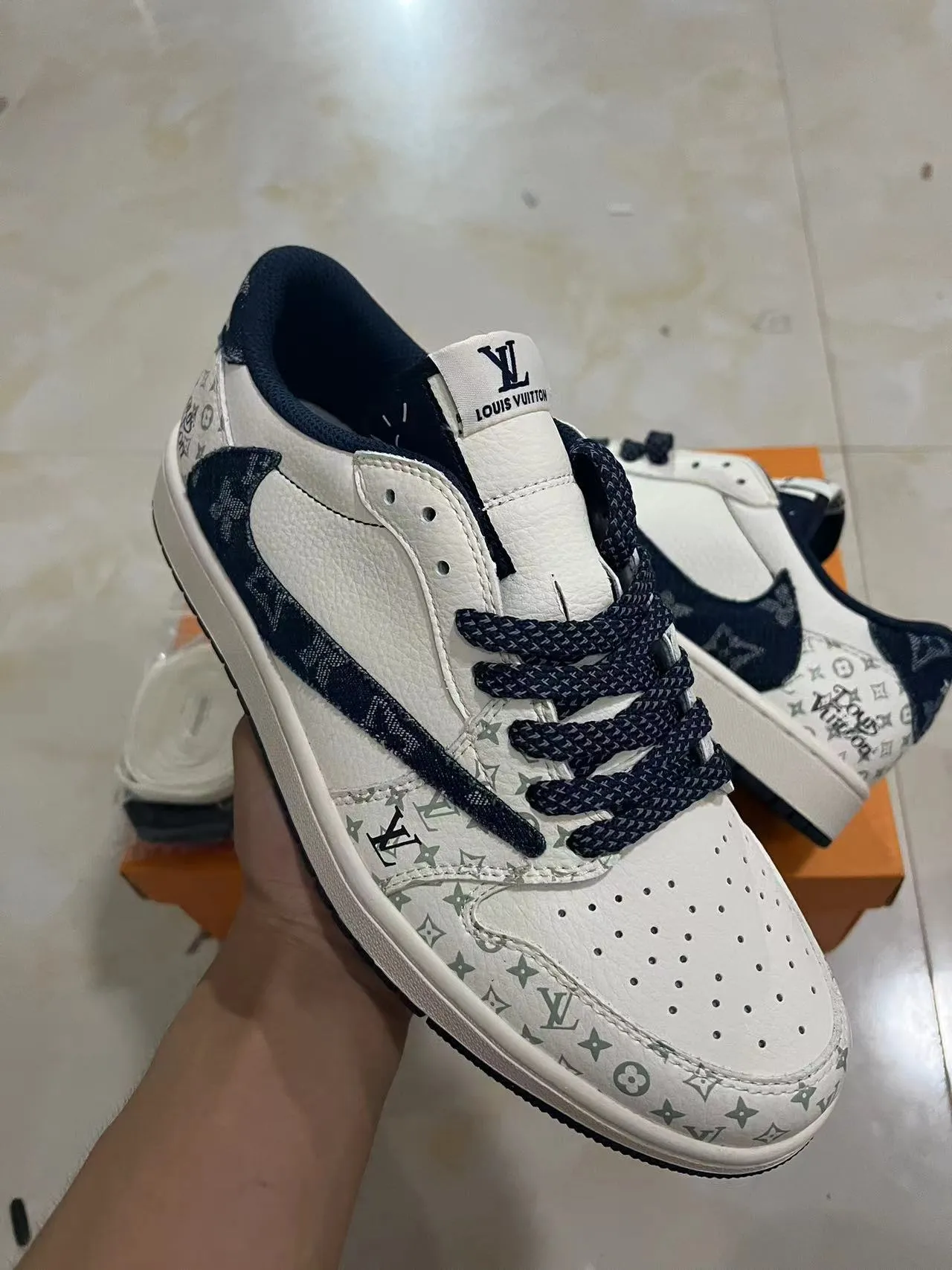 Louis Vuitton LV Trainer White Navy Monogram-Printed Leather Contrast Panel Lifestyle Sneakers 2
