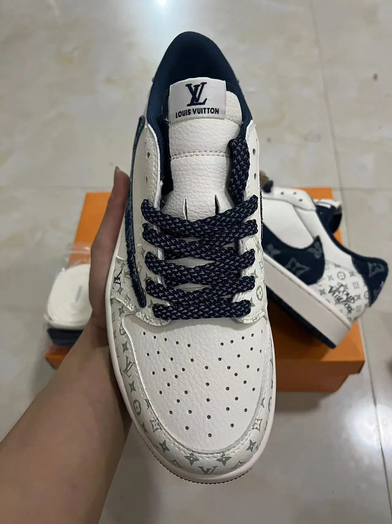 Louis Vuitton LV Trainer White Navy Monogram-Printed Leather Contrast Panel Lifestyle Sneakers 3