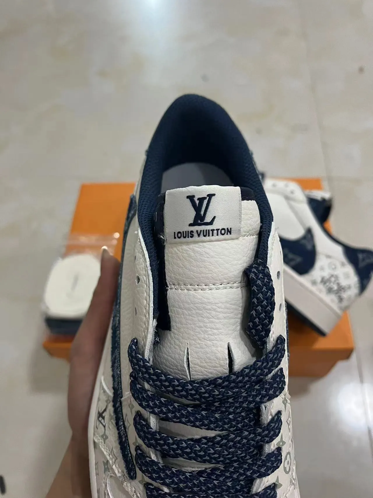 Louis Vuitton LV Trainer White Navy Monogram-Printed Leather Contrast Panel Lifestyle Sneakers 4