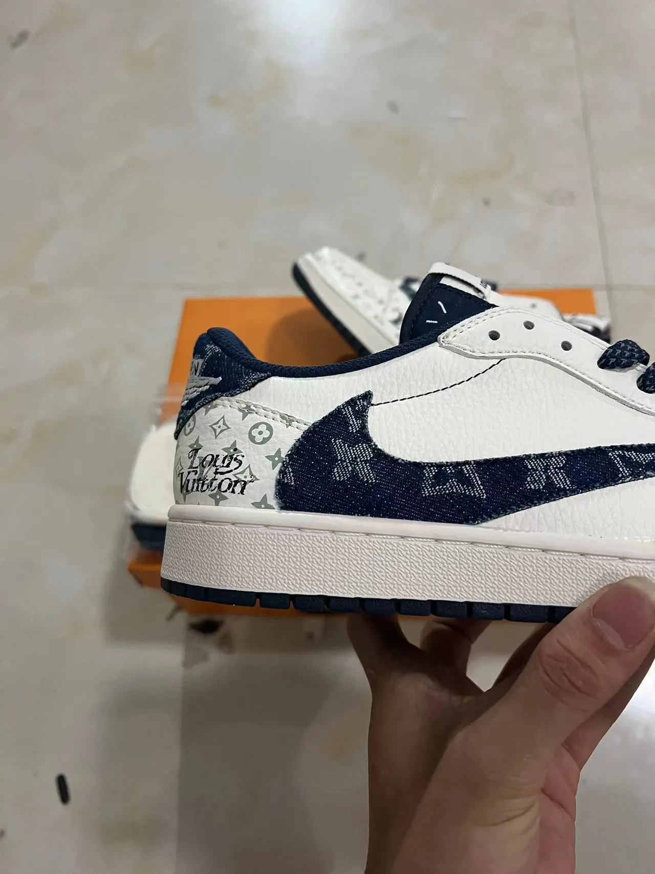 Louis Vuitton LV Trainer White Navy Monogram-Printed Leather Contrast Panel Lifestyle Sneakers 7