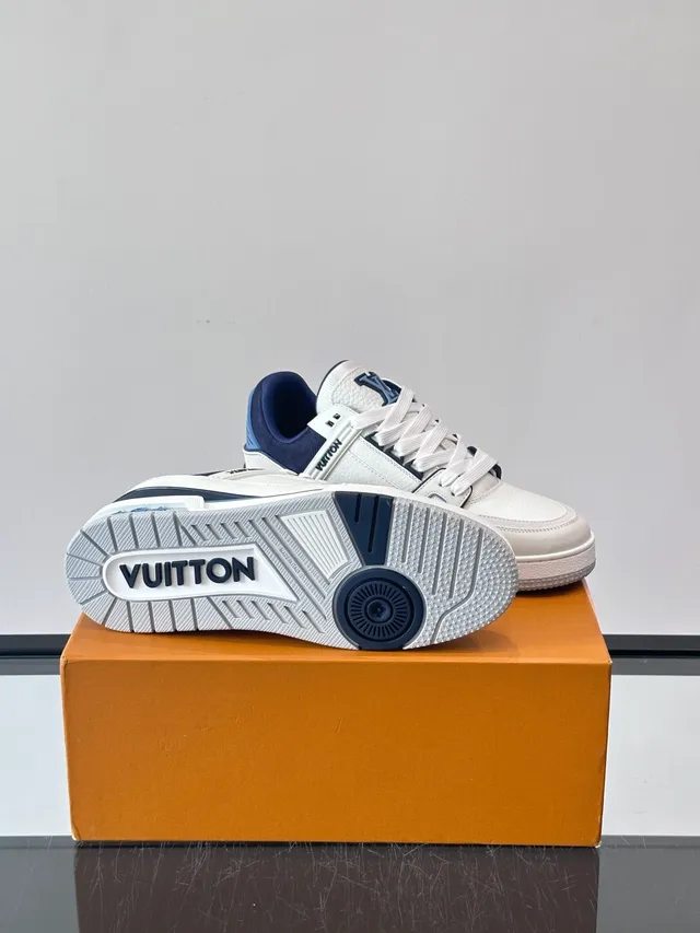 Louis Vuitton LV Trainer White Navy Structured Leather Upper T-Bar Strap Detail Lifestyle Sneakers 2