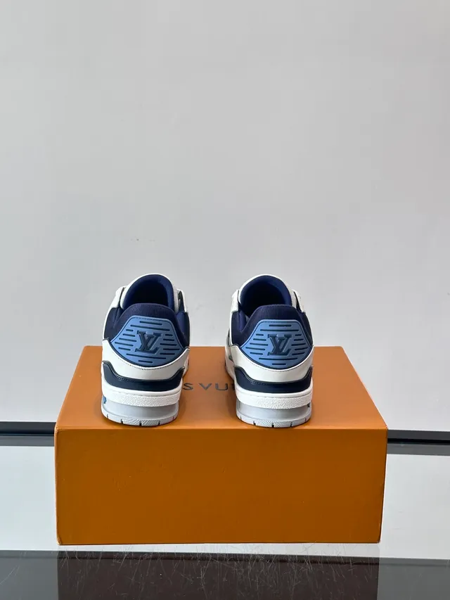 Louis Vuitton LV Trainer White Navy Structured Leather Upper T-Bar Strap Detail Lifestyle Sneakers 3