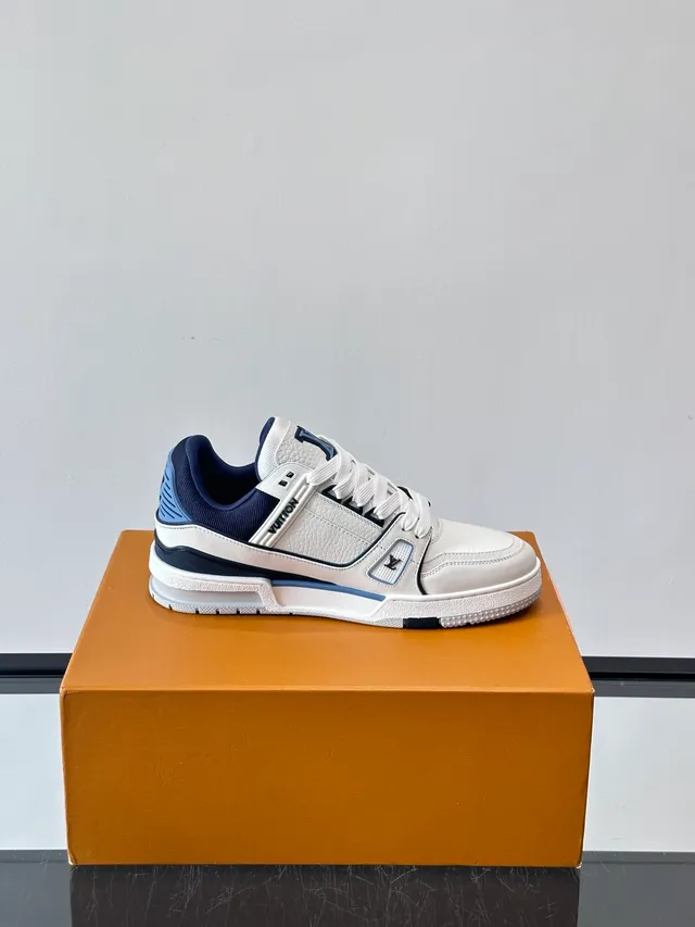 Louis Vuitton LV Trainer White Navy Structured Leather Upper T-Bar Strap Detail Lifestyle Sneakers 4