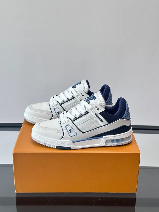 Louis Vuitton LV Trainer White Navy Structured Leather Upper T-Bar Strap Detail Lifestyle Sneakers 5