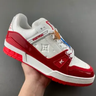 Louis Vuitton LV Trainer White Red Monogram Leather Glossy Overlays Lifestyle Sneakers