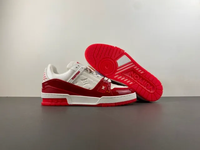 Louis Vuitton LV Trainer White Red Monogram Leather Glossy Overlays Lifestyle Sneakers 12
