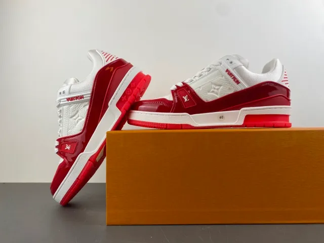 Louis Vuitton LV Trainer White Red Monogram Leather Glossy Overlays Lifestyle Sneakers 14