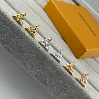 Louis Vuitton LV Volt Gold Silver Geometric V-Shaped Crystal-Set Earrings