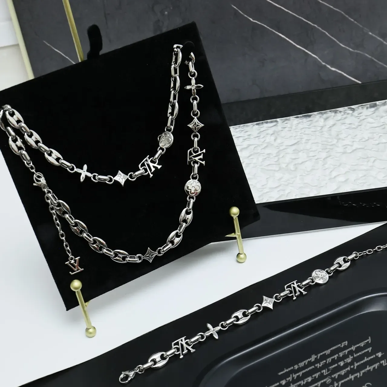 Louis Vuitton Mixed-Link Monogram Charm Silver-Tone Necklaces 9