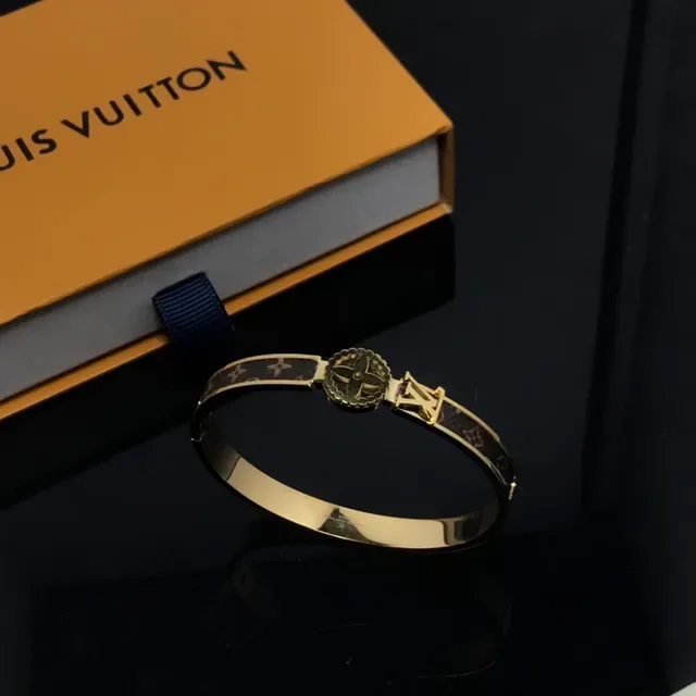 Louis Vuitton Monogram Canvas Bangle Gold Brown Metal Inlay Bracelet 2